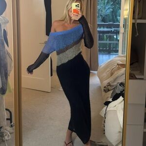 STAUD Blue and Black Off-Shoulder Sweater Dress